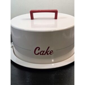 Cake Boss Metal Cake Carrier Lid w/Handle Locking Latches Cream &Red Retro